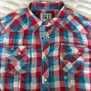 BKE Red and Blue Casual Button Down Shirt with Western Flair
